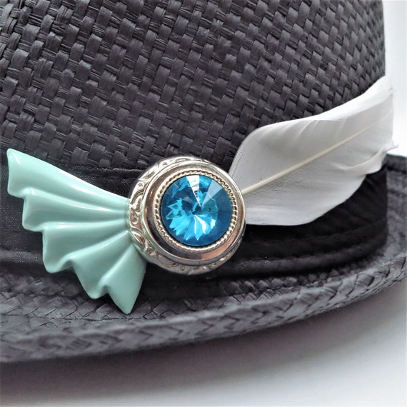 Fedora Black and Blue‎ Hat with Black Ribbon and Gold & Blue Brooch Fedora Black Straw Hat Black Band Vintage Upcycled Blue  main image 3