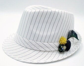 Fedora Hat Vintage earrings Peacock Feather White with Black Stripes Hat OOAK Handmade Hat