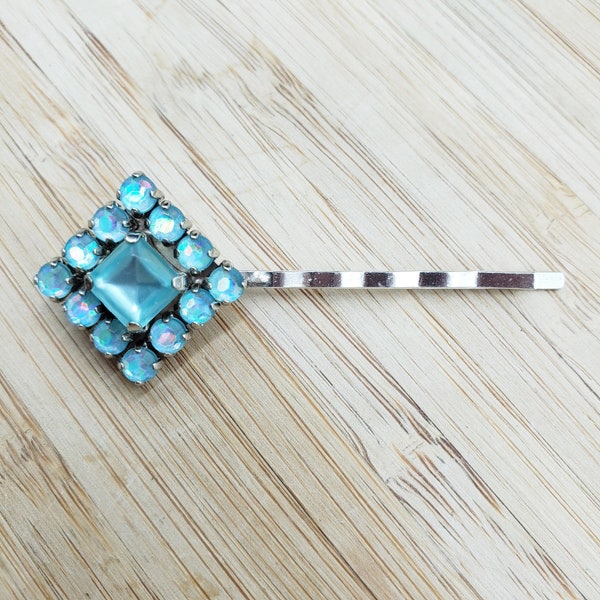 Blue Crystal Hair Clip Blue Aurora Borealis Rhinestone Wedding Bridal Vintage Earrings Hair Pin Upcycled Handmade OOAK