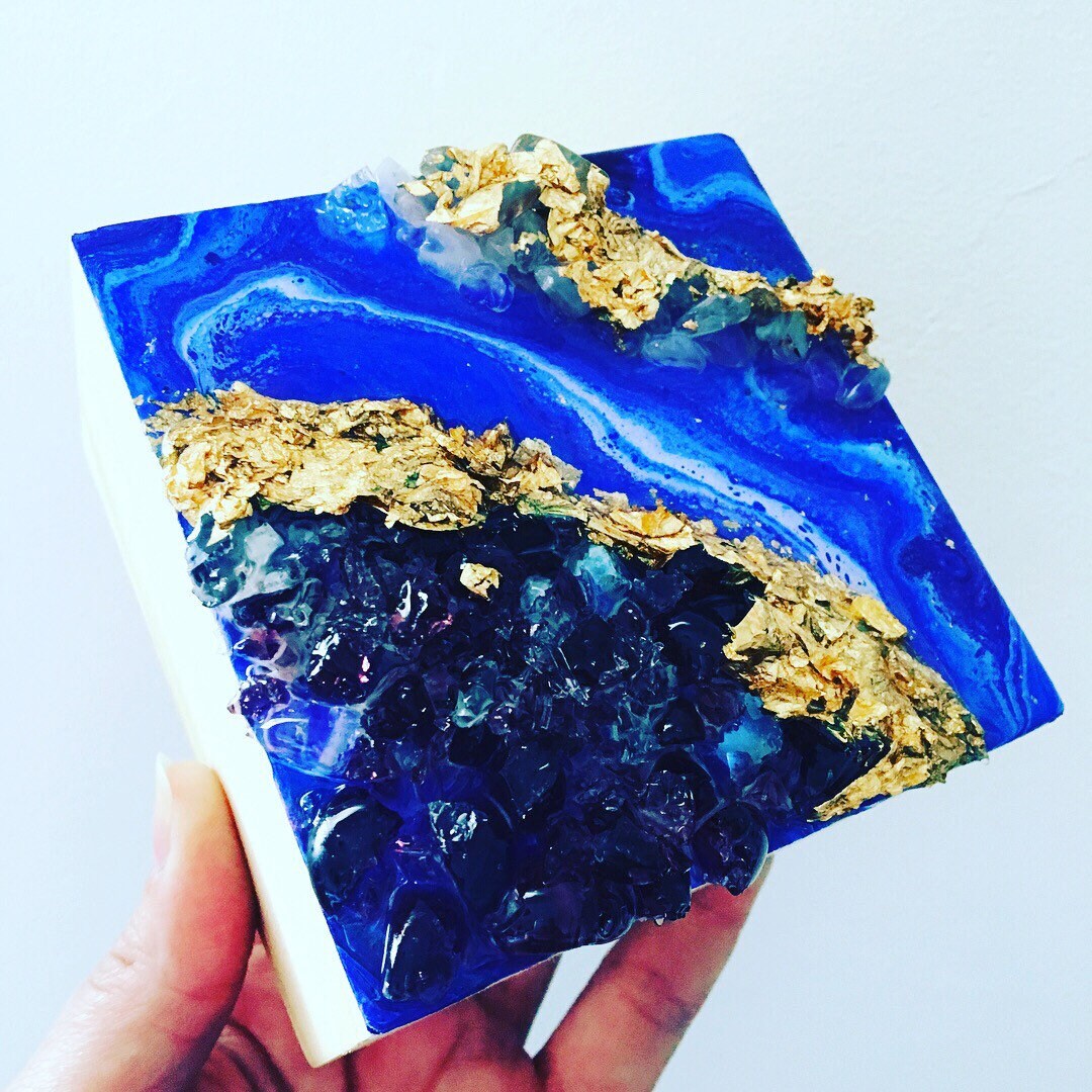 Geode resin art with real rose quartz crystals blue artwork Etsy