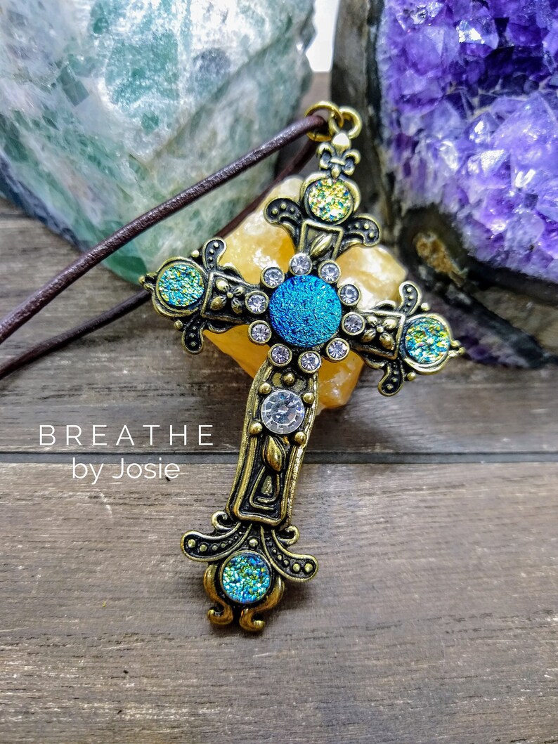 The Purple Dragonfly Antiqued Brass Cross Necklace with Clear Rhinestones & Beads The Purple Dragonfly Antiqued Brass Cross Necklace with Clear Rhinestones & Beads