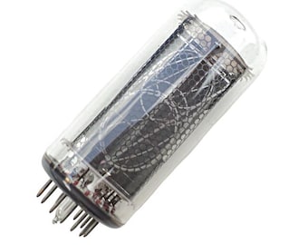 May include: A clear glass vacuum tube with a complex internal structure. The tube has a cylindrical shape with a series of pins at the base. The internal components feature a dark, honeycomb-like pattern and intricate wire elements.