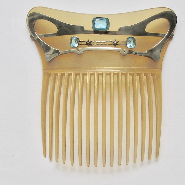 RESERVED for "A" Jugendstil Sterling Silver Aquamarine/ Sky Blue Topaz Horn Hair Comb, Art Nouveau Comb, Antique Arts Crafts Comb