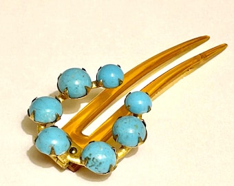 Edwardian Faux Turquoise Hinged Horn Hair Comb