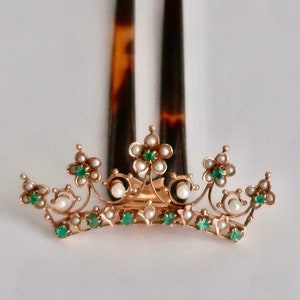 Edwardian Emerald & Pearl 14k Hinged Comb Bridal Hair Ornament