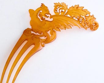Antique French Art Nouveau Cockatrice Rooster Chimera Carved Horn Hair Comb