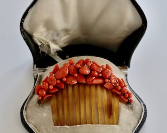 Antique Italian Red Coral Comb w Fitted Case, Victorian Mediterranean Coral Comb, Bridal Comb, Della Robbia, Hair Jewelry, Hair Adornment