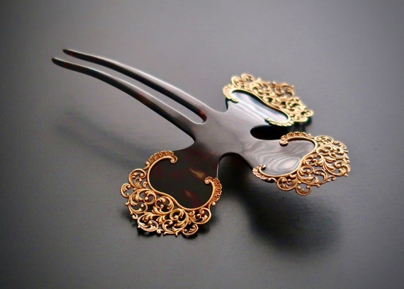 Victorian 14K Gold Cross Motif Horn Hair Comb, An… - image 6
