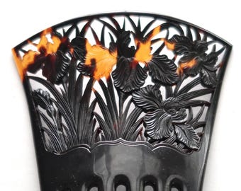 Antique Japanese Carved Irises Hair Comb