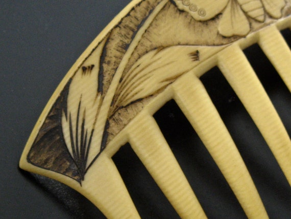 Art Nouveau Carved Moth Celluloid Hair Comb, Fren… - image 5