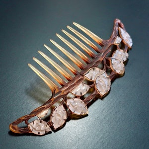 Art Nouveau Elisabeth Bonté GIP Flamand Style Honesty Seeds Horn Hair Comb, Antique French Carved Horn Comb, Bridal Comb, Naturalistic Comb image 8