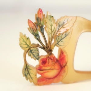 Antique French Art Nouveau Hand Carved Tinted Roses Horn Hair Comb