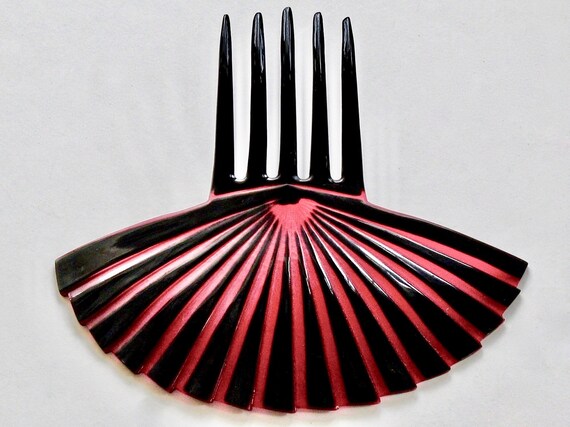 ART DECO Large Celluloid Fan Hair Comb Red & Black