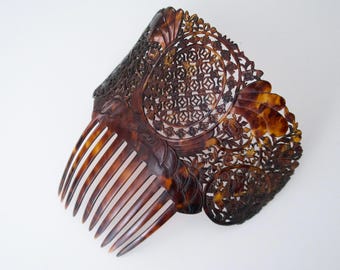 Antique Chinese Carved Hair Comb: Floral Dragon Fretwork, Victorian Era, Z.M. Quimby Box
