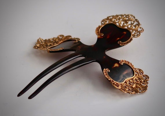 Victorian 14K Gold Cross Motif Horn Hair Comb, An… - image 10