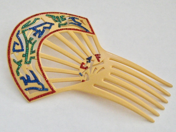Oriental Art Deco Celluloid Rhinestone Hair Comb,