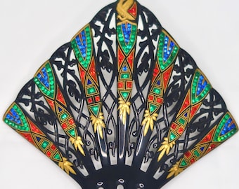 Art Deco Egyptian Revival Rhinestone Enamel Celluloid Hair Comb