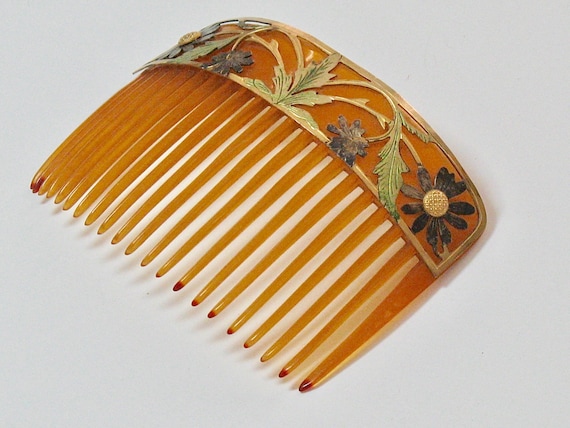 Art Nouveau Color Flowers Metal Overlay Hair Comb… - image 3