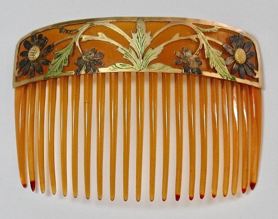 Art Nouveau Color Flowers Metal Overlay Hair Comb… - image 1