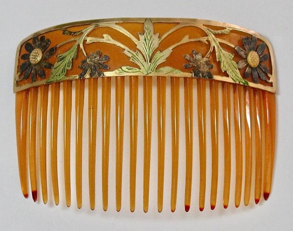 Art Nouveau Floral Metal Overlay Hair Comb, Cellul