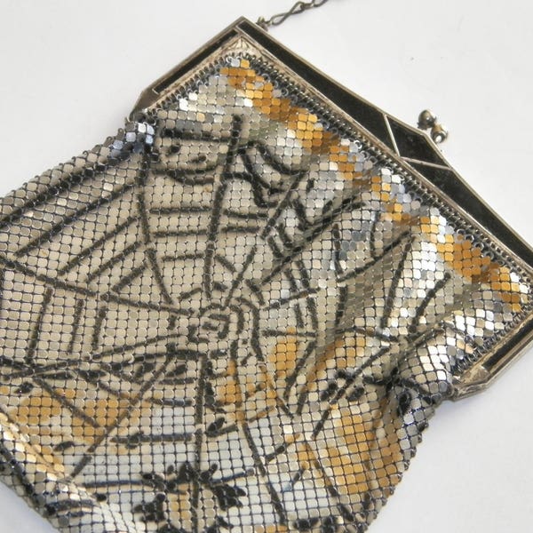 Whiting & Davis Mesh Purse RARE Huge Spiderweb ART DECO 1920s Flapper Silver Gold Black Enameled Metal