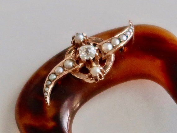 Art Nouveau 14K Rose Gold Diamond Pearl Hair Pin,… - image 4