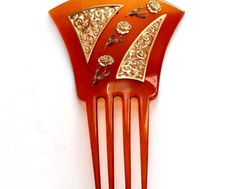Antique 14K Gold Carnation Flowers Scrolls Hair Comb