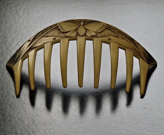 Art Nouveau Carved Moth Celluloid Hair Comb, Fren… - image 8