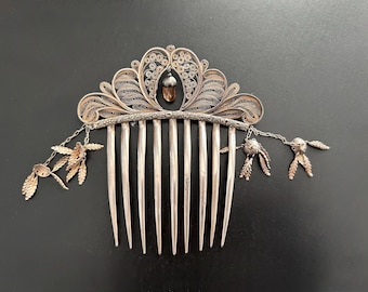 Antique Victorian Topaz Filigree Silver Hair Comb w Pendants