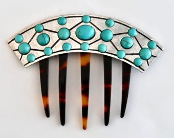 Vintage Victorian Hair Comb With Turquoise Rhinestones  display picture 1