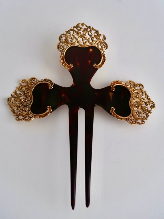 Victorian 14K Gold Cross Motif Horn Hair Comb, An… - image 2