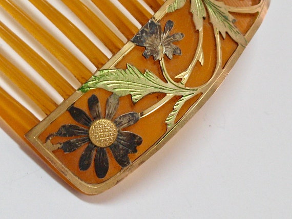 Art Nouveau Color Flowers Metal Overlay Hair Comb… - image 5