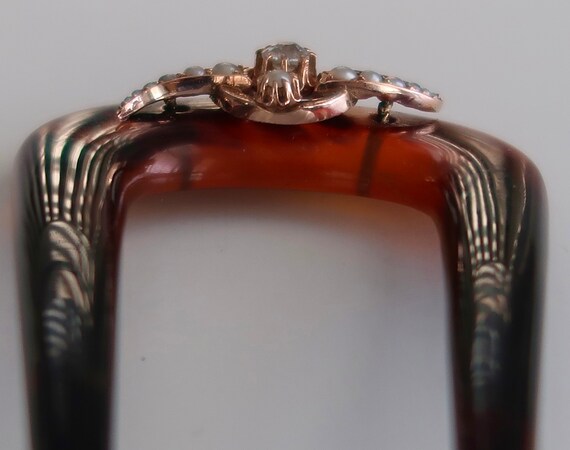 Art Nouveau 14K Rose Gold Diamond Pearl Hair Pin,… - image 6