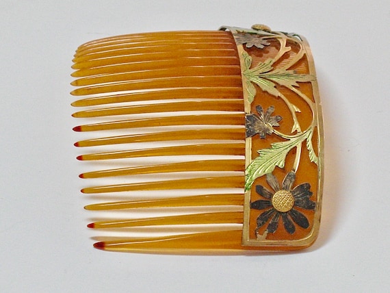 Art Nouveau Color Flowers Metal Overlay Hair Comb… - image 4