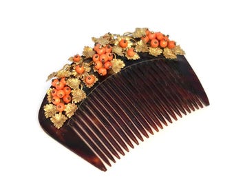 Antique Payneta 8K Gold Vine Coral Grape Clusters - Philippine Hair Comb