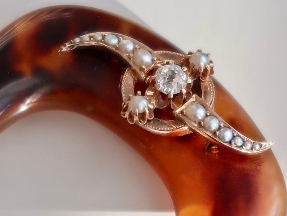 Art Nouveau 14K Rose Gold Diamond Pearl Hair Pin,… - image 10