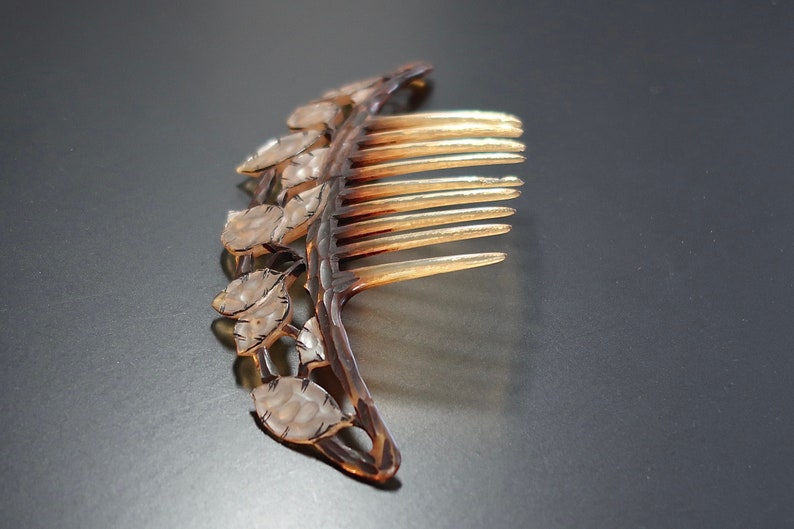 Art Nouveau Elisabeth Bonté GIP Flamand Style Honesty Seeds Horn Hair Comb, Antique French Carved Horn Comb, Bridal Comb, Naturalistic Comb image 4