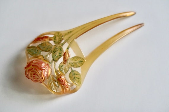 French Art Nouveau Tinted Roses Celluloid Hair Co… - image 1