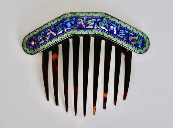 Antique French Champlevé Silver Hair Comb, Victor… - image 1