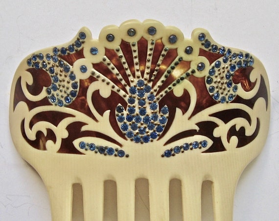 Art Nouveau Rhinestone Two-Tone Hair Comb, Antique