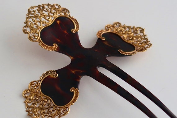 Victorian 14K Gold Cross Motif Horn Hair Comb, An… - image 8