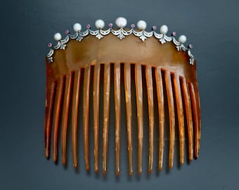 Peineta antigua eduardiana de plata con perlas y rubíes