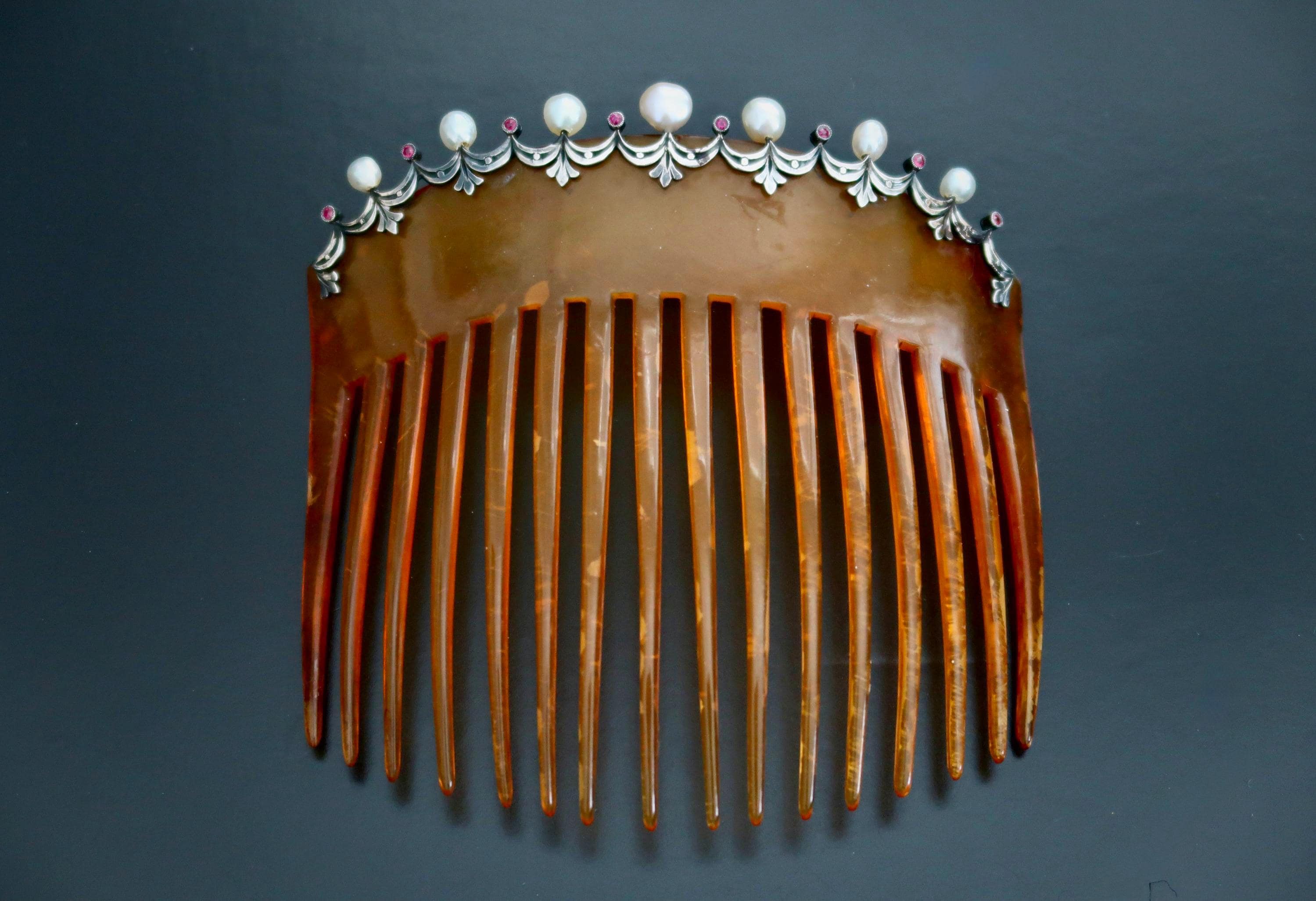 Antique Edwardian Pearl Silver Rubies Hair Comb