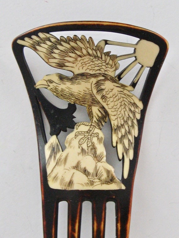 Art Deco Figural Eagle & Sun Hair Comb, Antique Bi