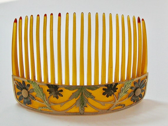Art Nouveau Color Flowers Metal Overlay Hair Comb… - image 9