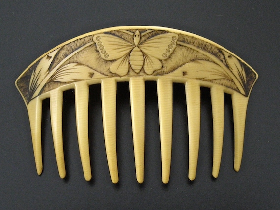 Art Nouveau Carved Moth Celluloid Hair Comb, Fren… - image 1