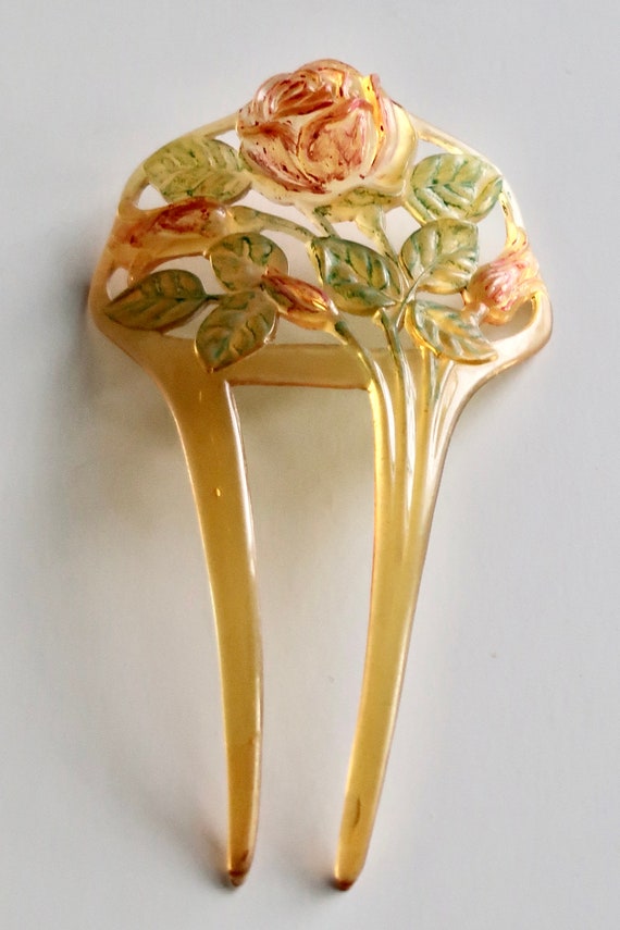French Art Nouveau Tinted Roses Celluloid Hair Co… - image 6