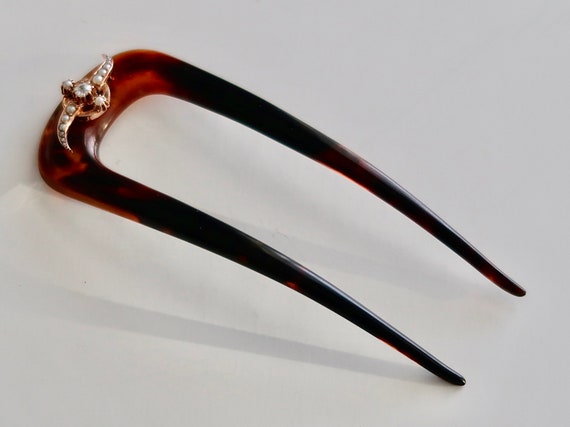 Art Nouveau 14K Rose Gold Diamond Pearl Hair Pin,… - image 3