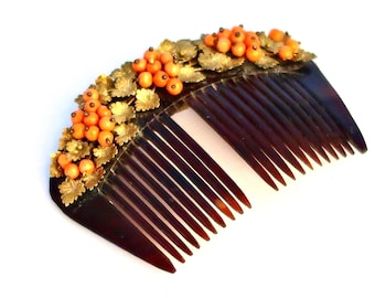 Antique Payneta 8K Gold Vine Coral Grape Clusters Philippine Hair Comb DAMAGED