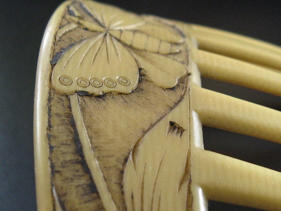 Art Nouveau Carved Moth Celluloid Hair Comb, Fren… - image 3